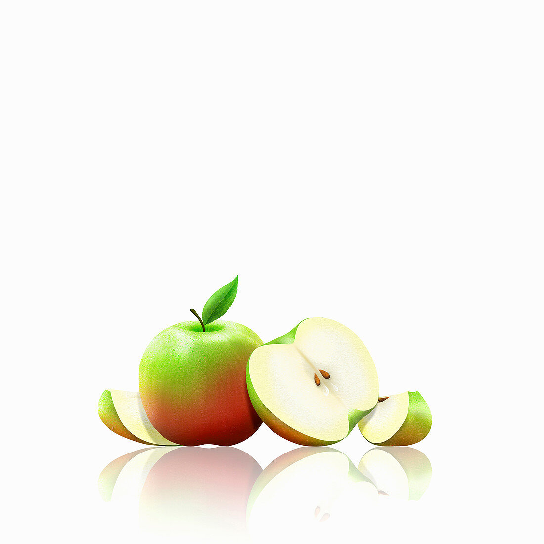 Fresh apples, whole, halved and slices, illustration