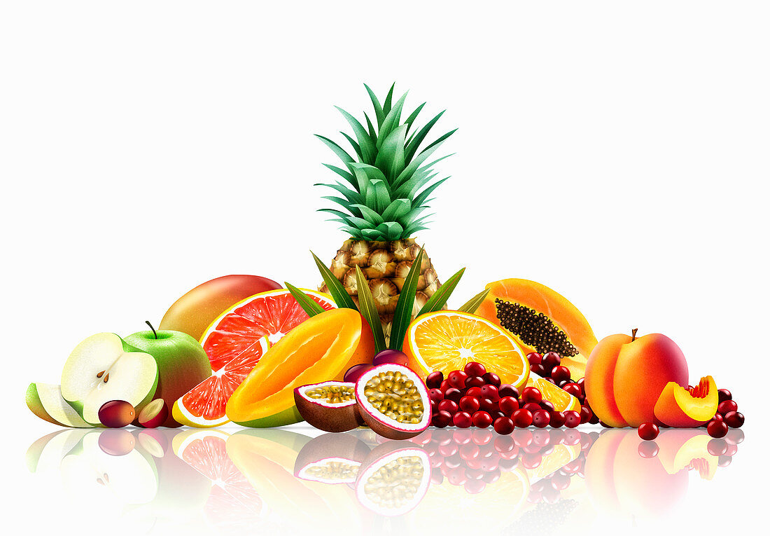 Range of fresh fruit, whole, halved and slices, illustration