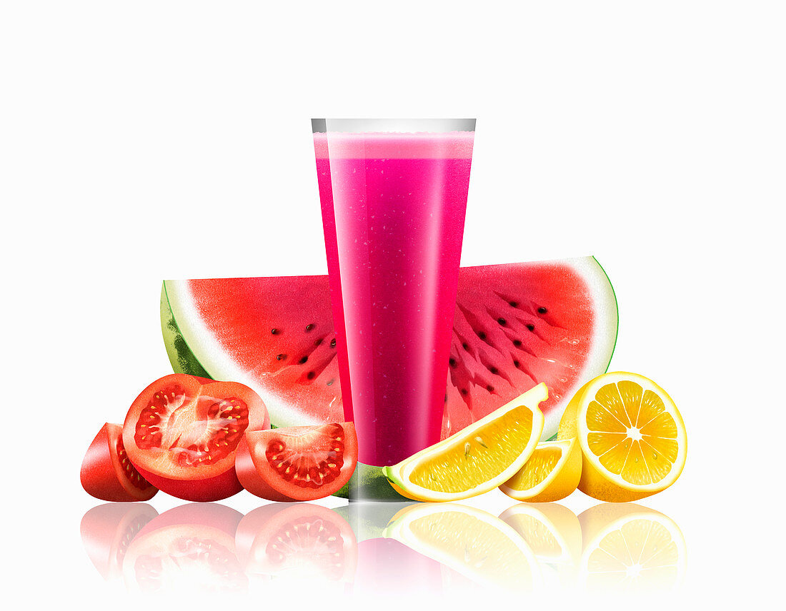 Glass of watermelon, tomato and lemon smoothie, illustration