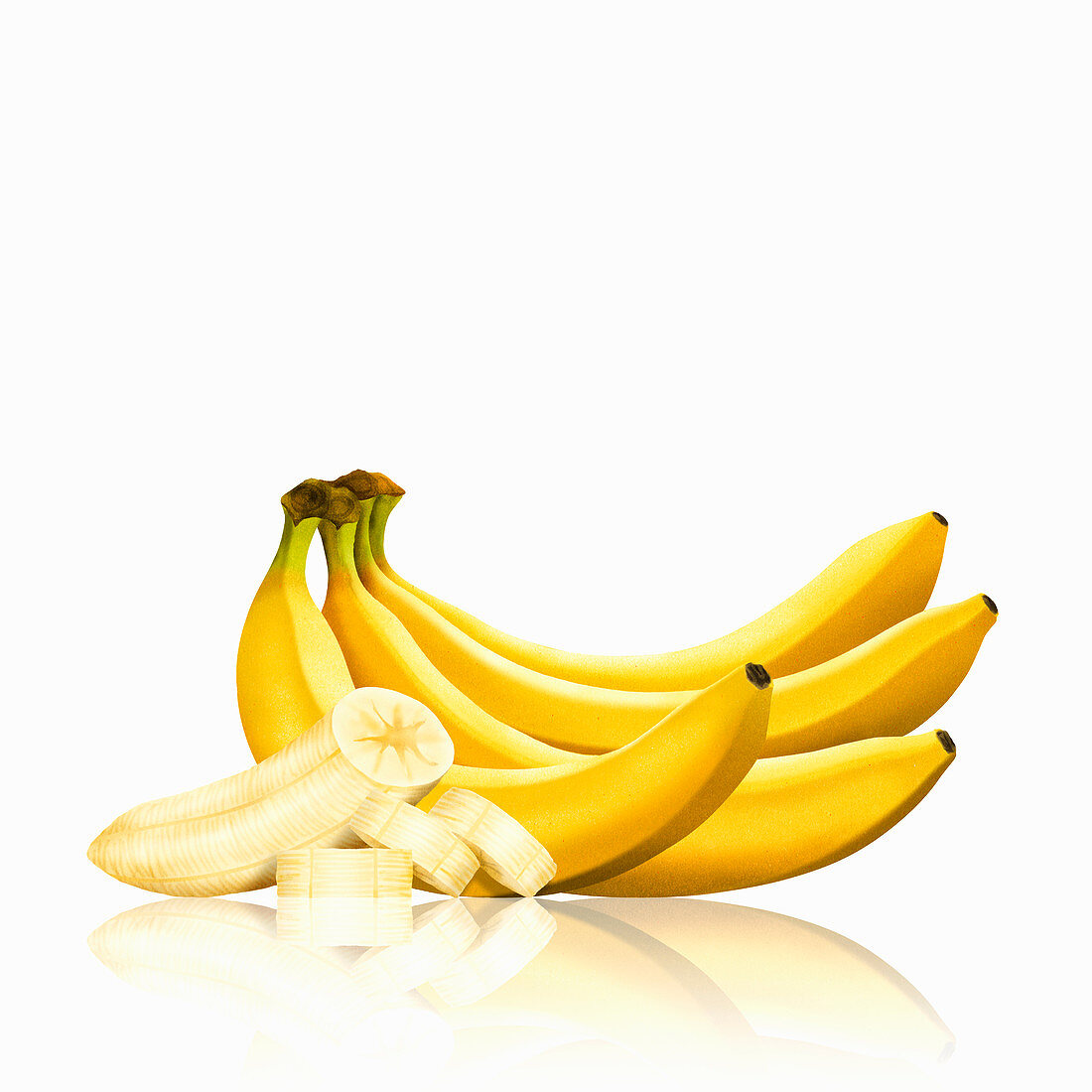 Bunch of bananas and slices of peeled banana, illustration