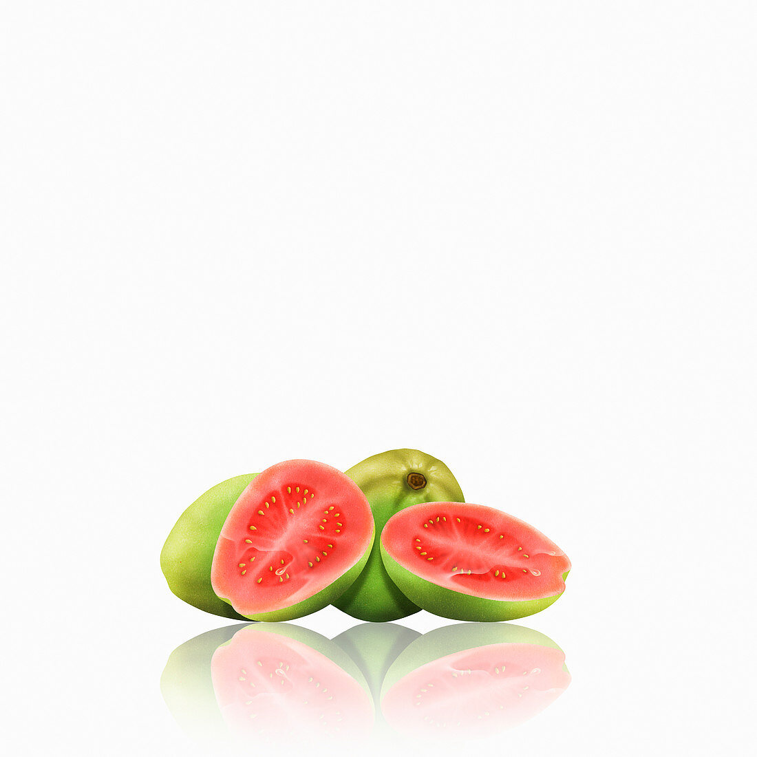 Whole and cut guavas, illustration