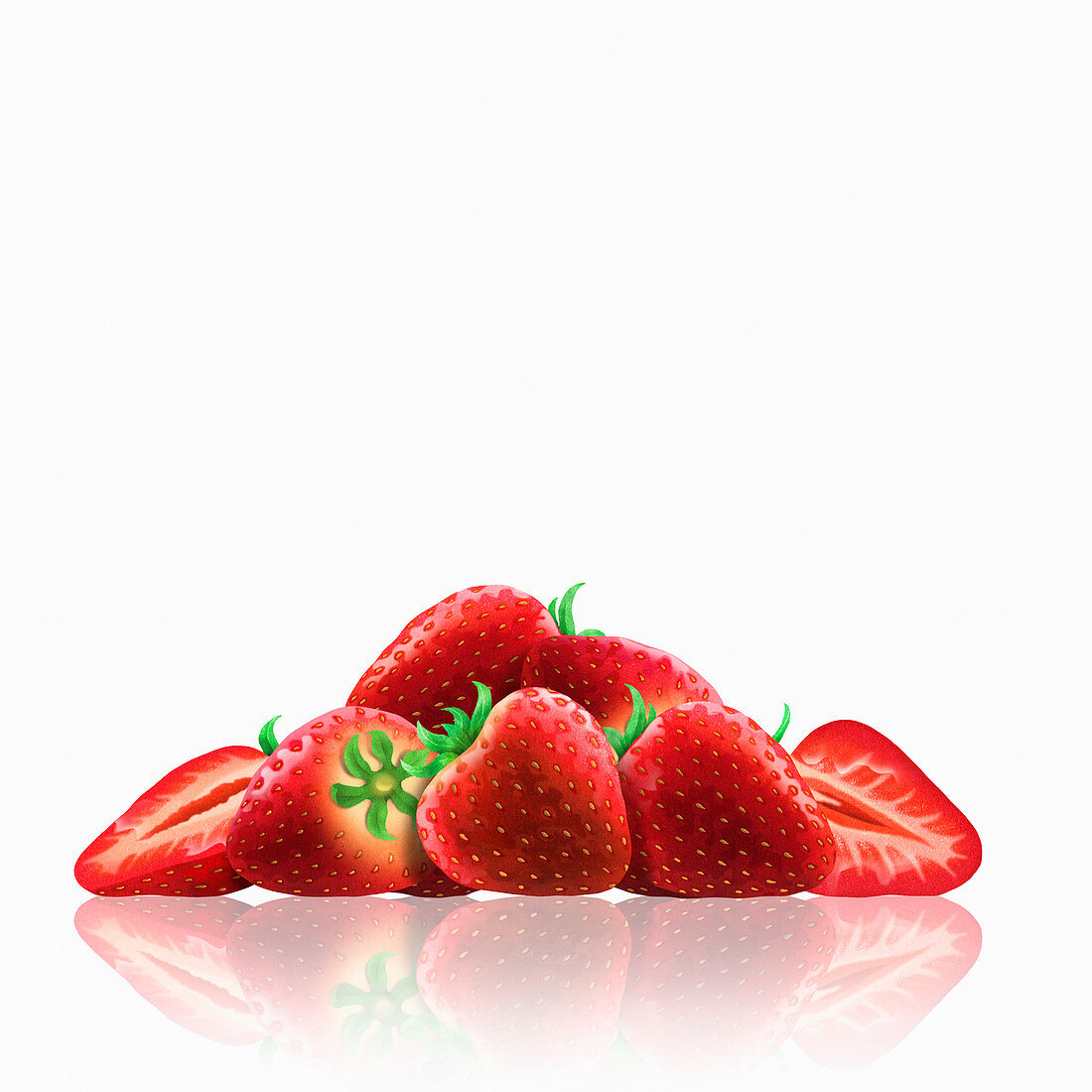 Whole and cut fresh strawberries, illustration