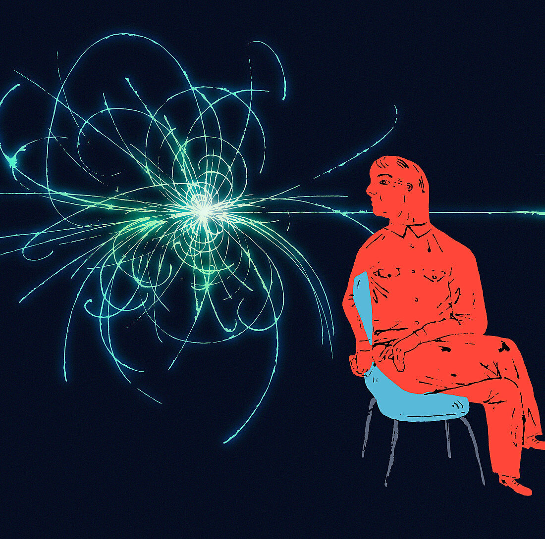 Scientist looking at colliding swirling trails, illustration