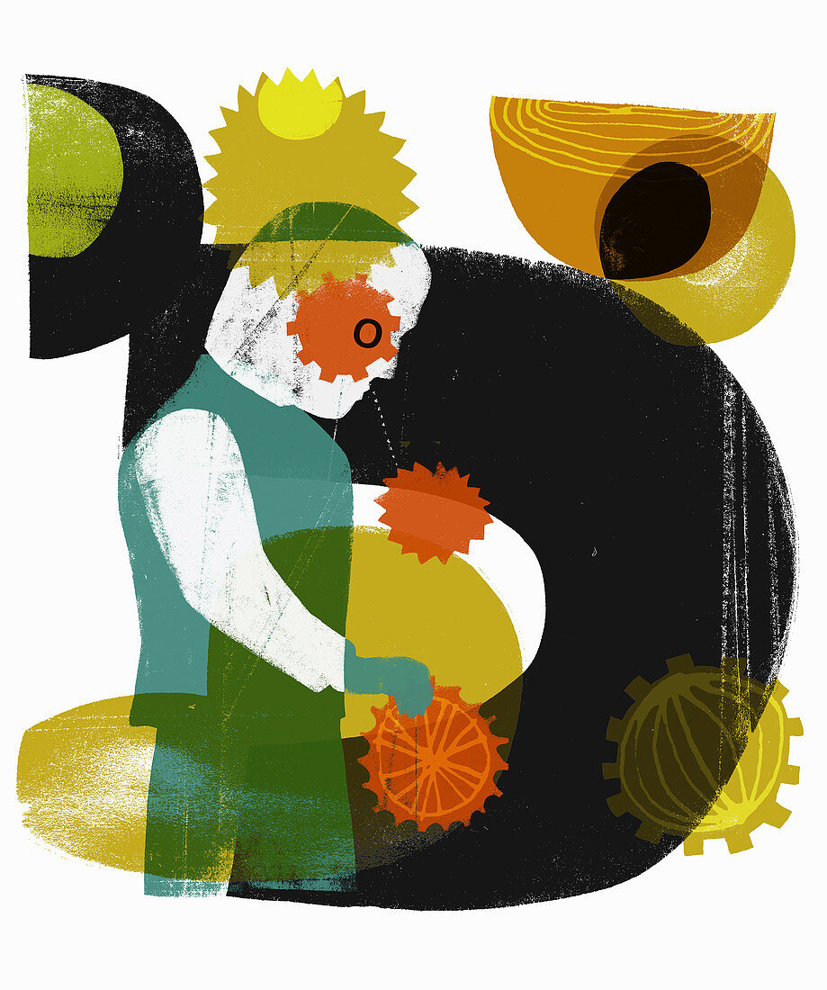 Abstract pattern on worker turning cogs, illustration