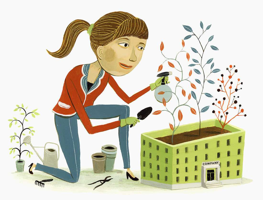 Woman tending plants growing on roof, illustration