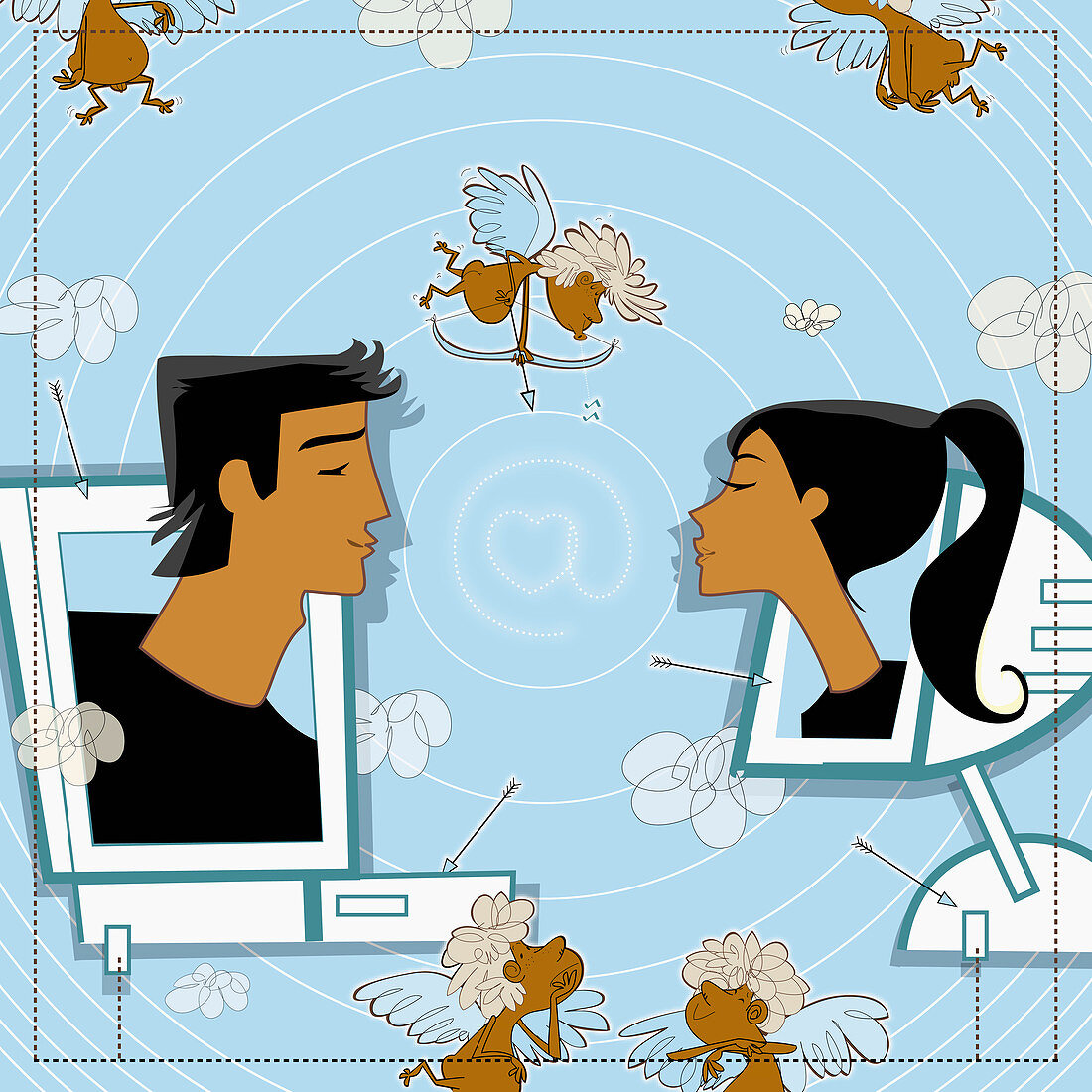 Man and woman on computer monitors kissing, illustration