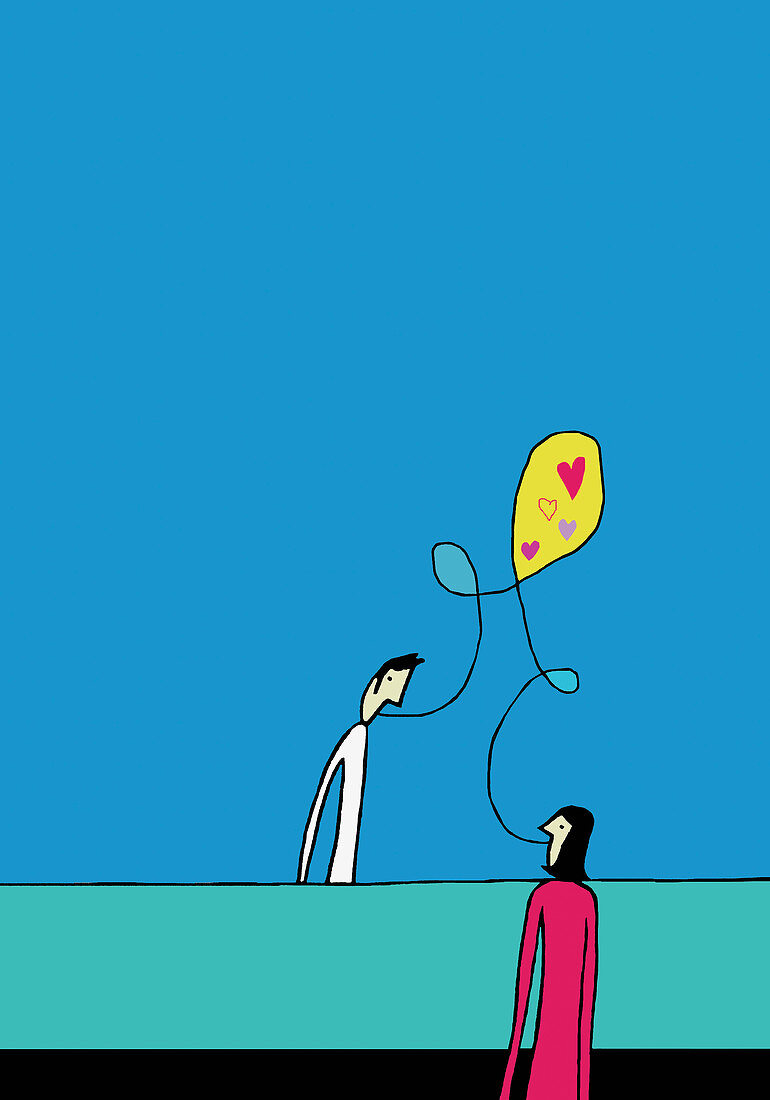 Hearts above couple communicating, illustration