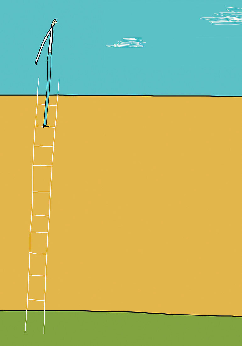 Businessman at top of ladder above wall, illustration