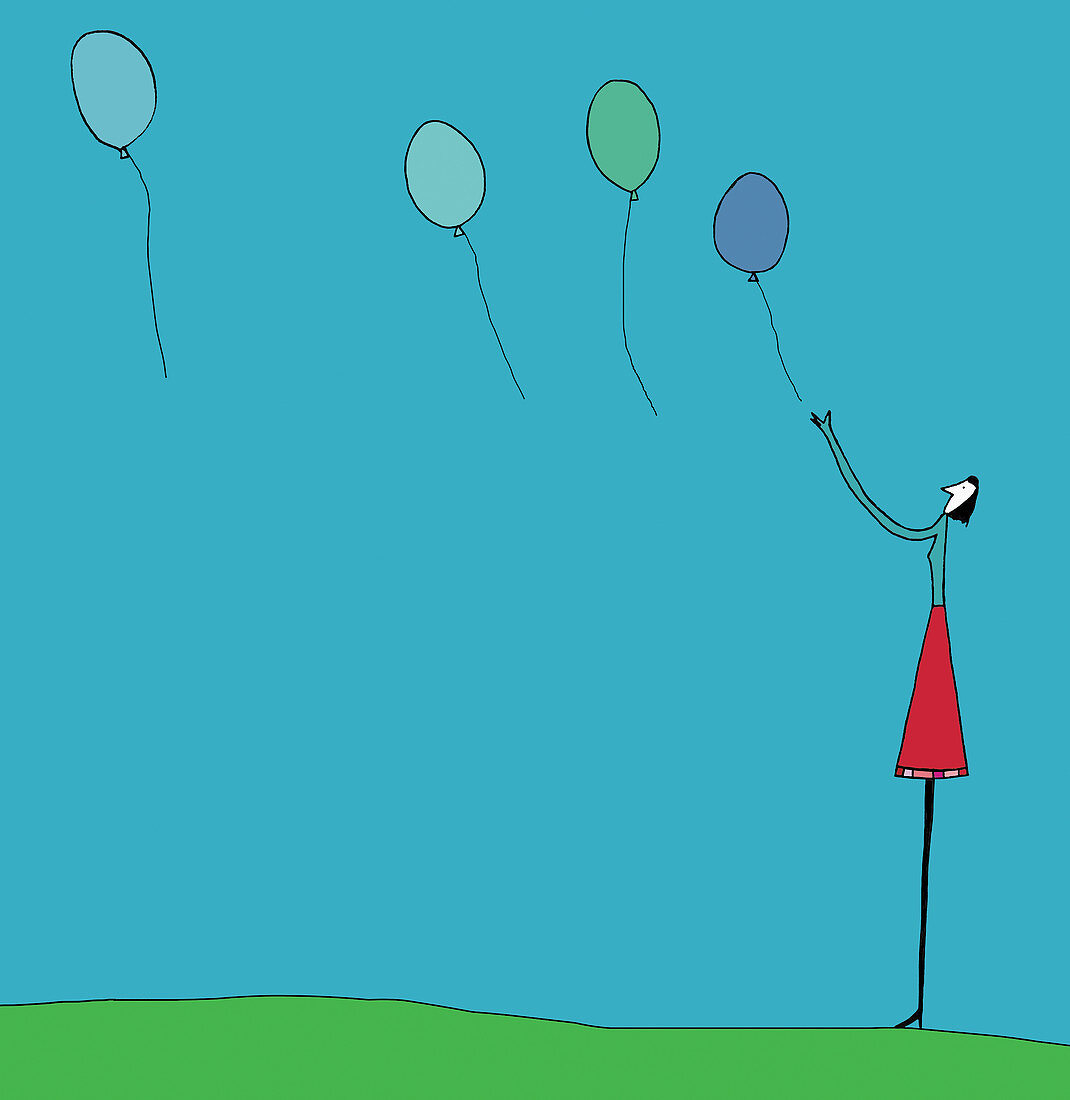 Woman releasing balloons, illustration