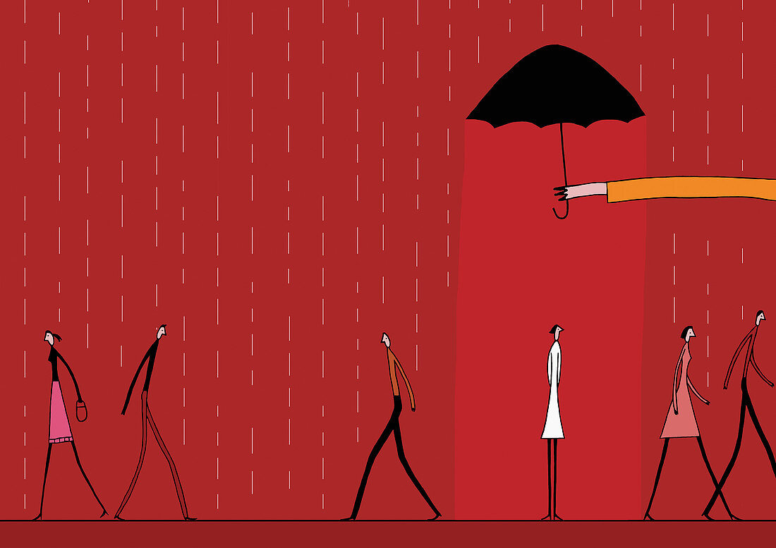 Hand holding umbrella over woman in rain, illustration