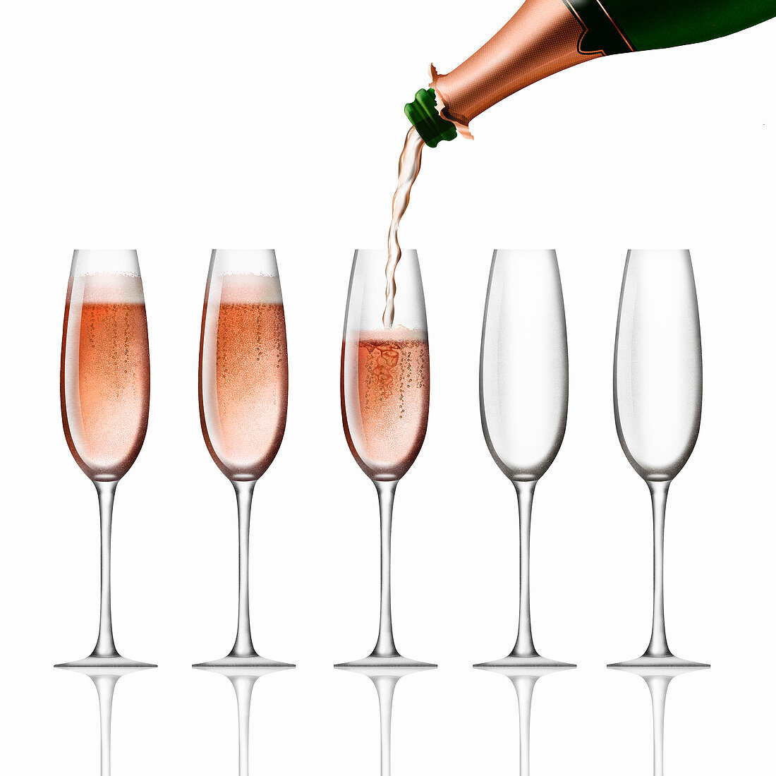 Bottle of pink champagne pouring into flutes, illustration
