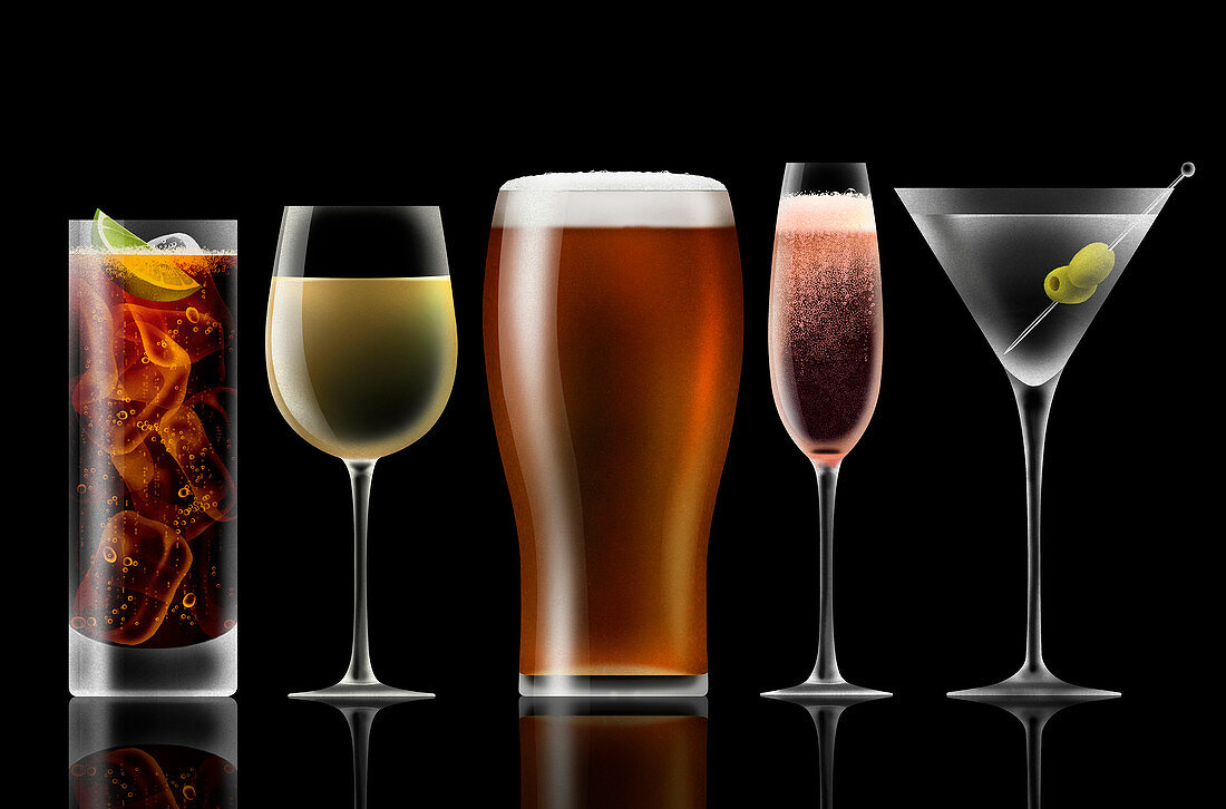 Range of different alcoholic drinks in a row, illustration