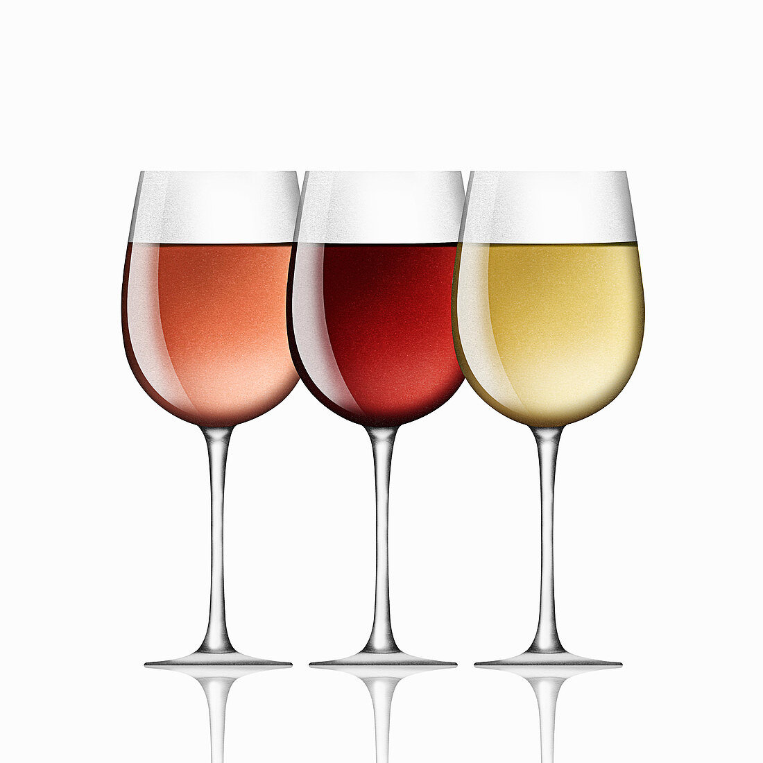 Glasses of red, white and rose wine in a row, illustration