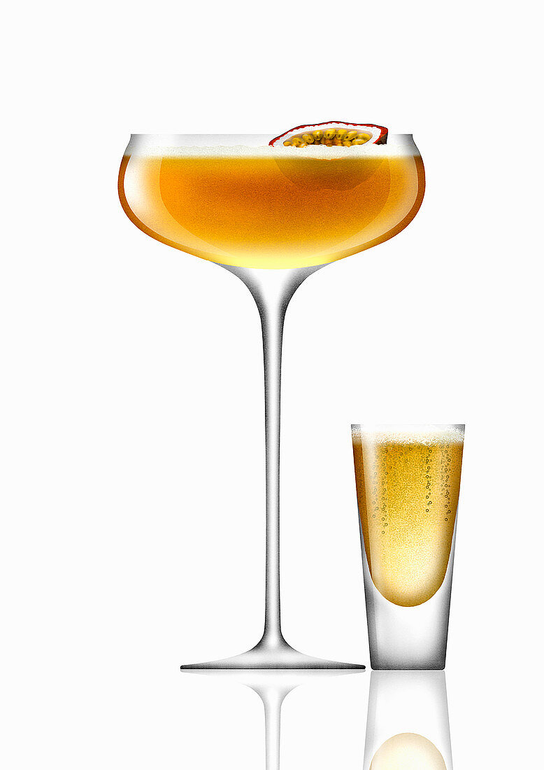 Pornstar martini cocktail with champagne shot, illustration