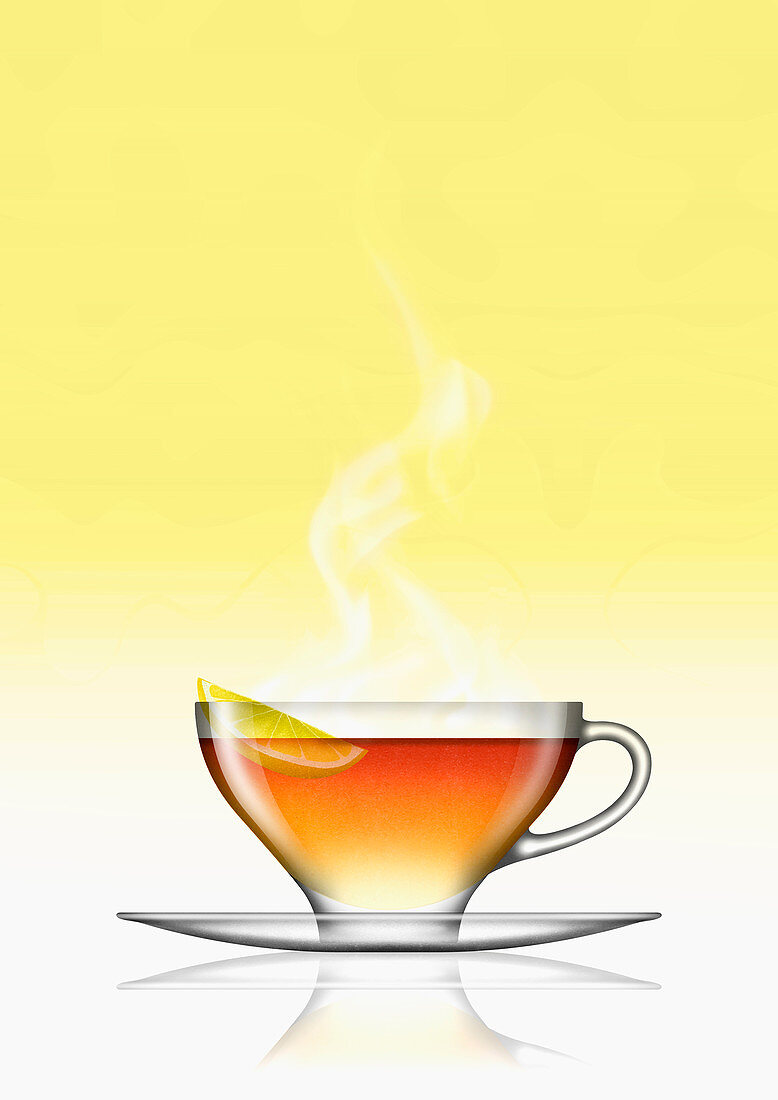 Lemon tea in glass cup and saucer, illustration