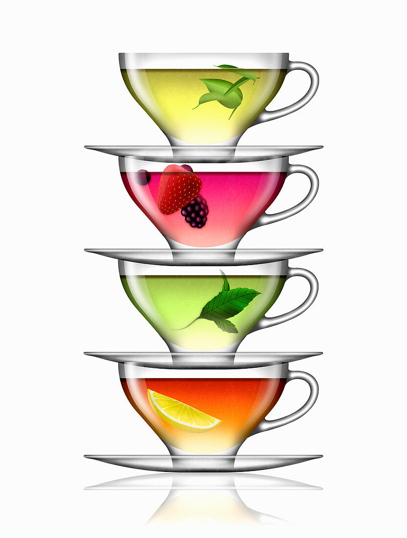 Stack of different herbal teas, illustration