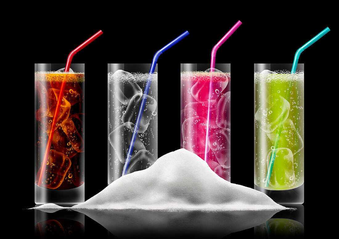 Pile of sugar in front of fizzy drinks, illustration