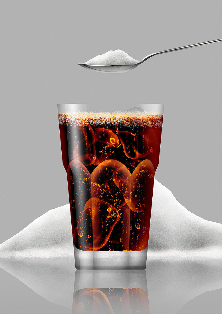 Glass of cola in front of pile of sugar, illustration