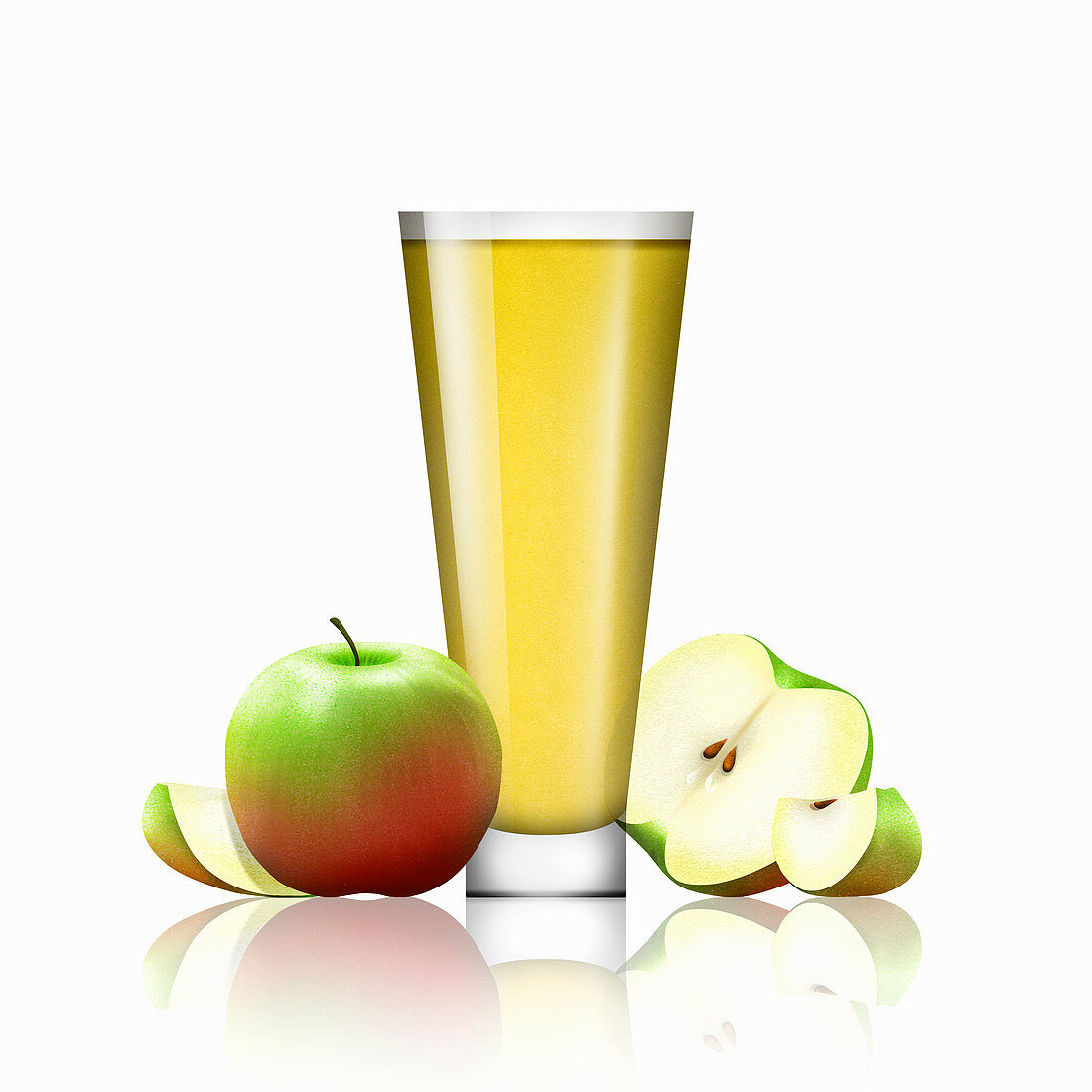Fresh apples and glass of apple juice, illustration
