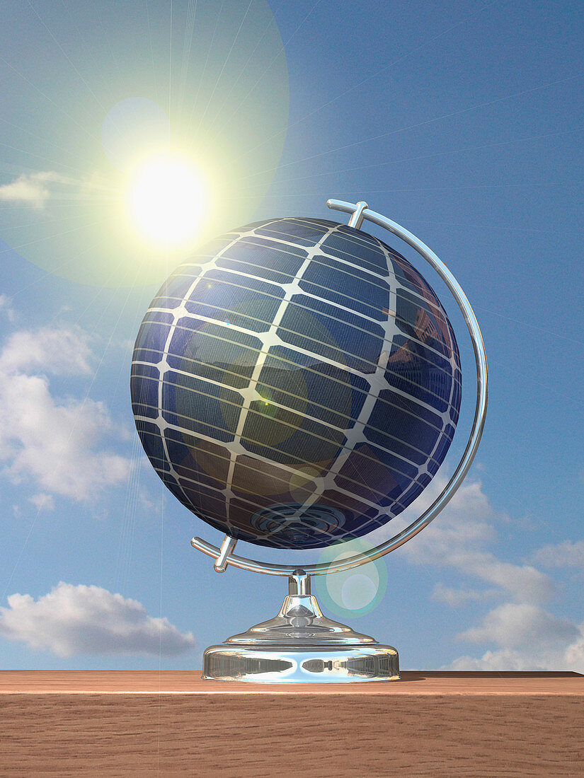 Sun shining on globe covered in solar panels, illustration
