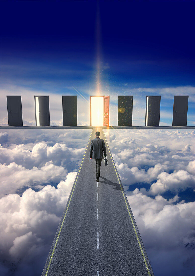 Businessman on road in clouds, illustration