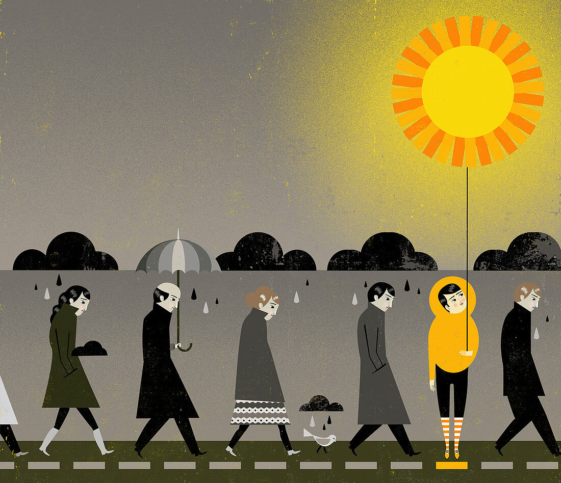 People under rain clouds, illustration