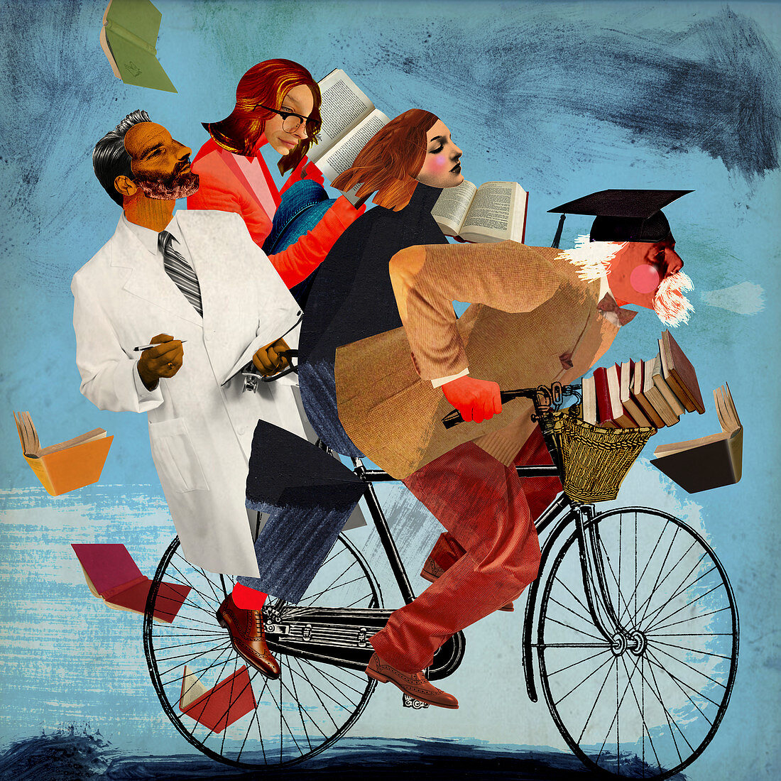 University professor riding bike, illustration