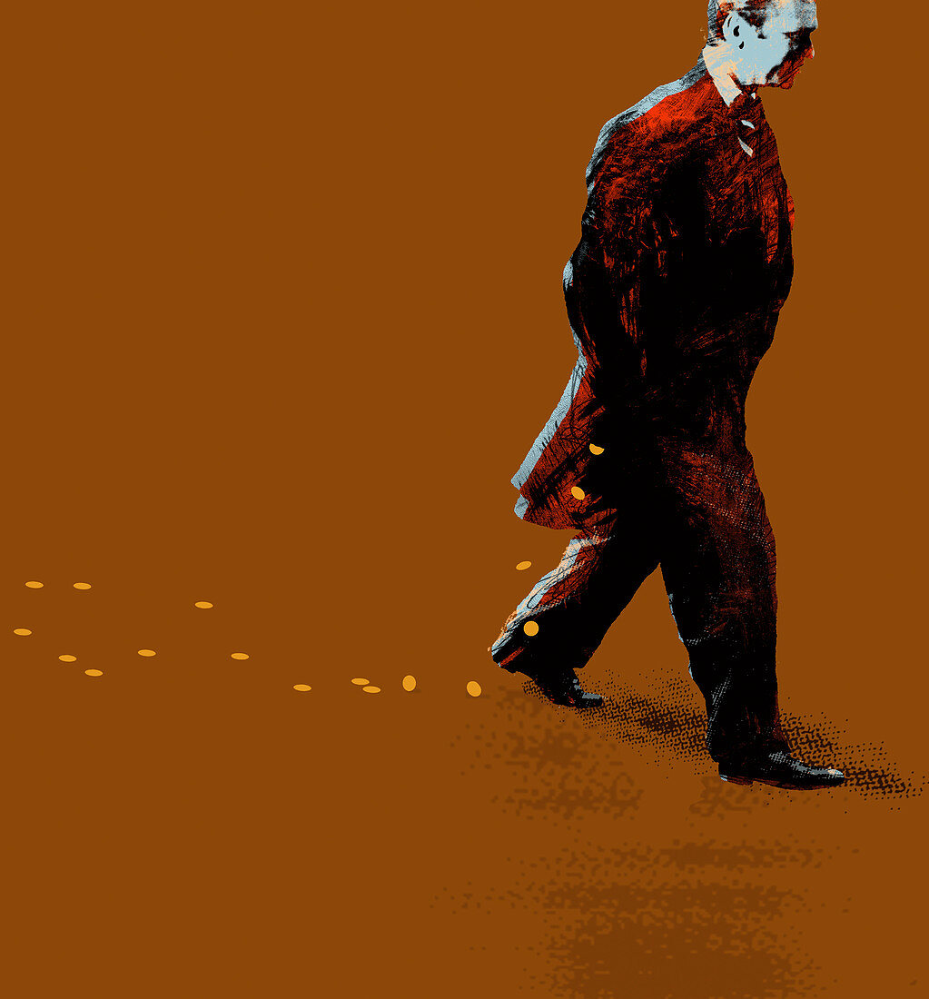 Businessman walking dropping coins from pocket, illustration