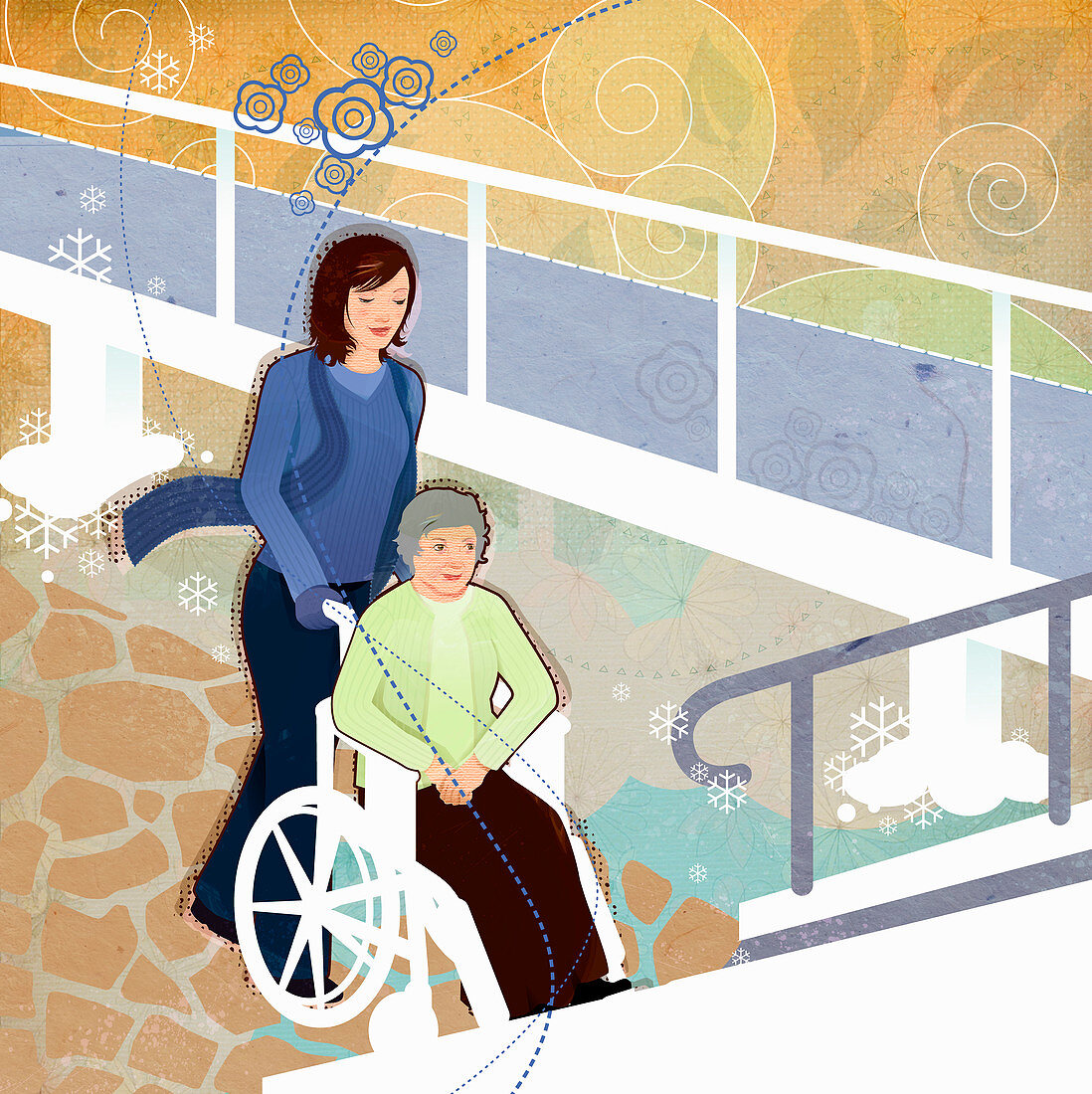 Woman pushing elderly woman in wheelchair, illustration