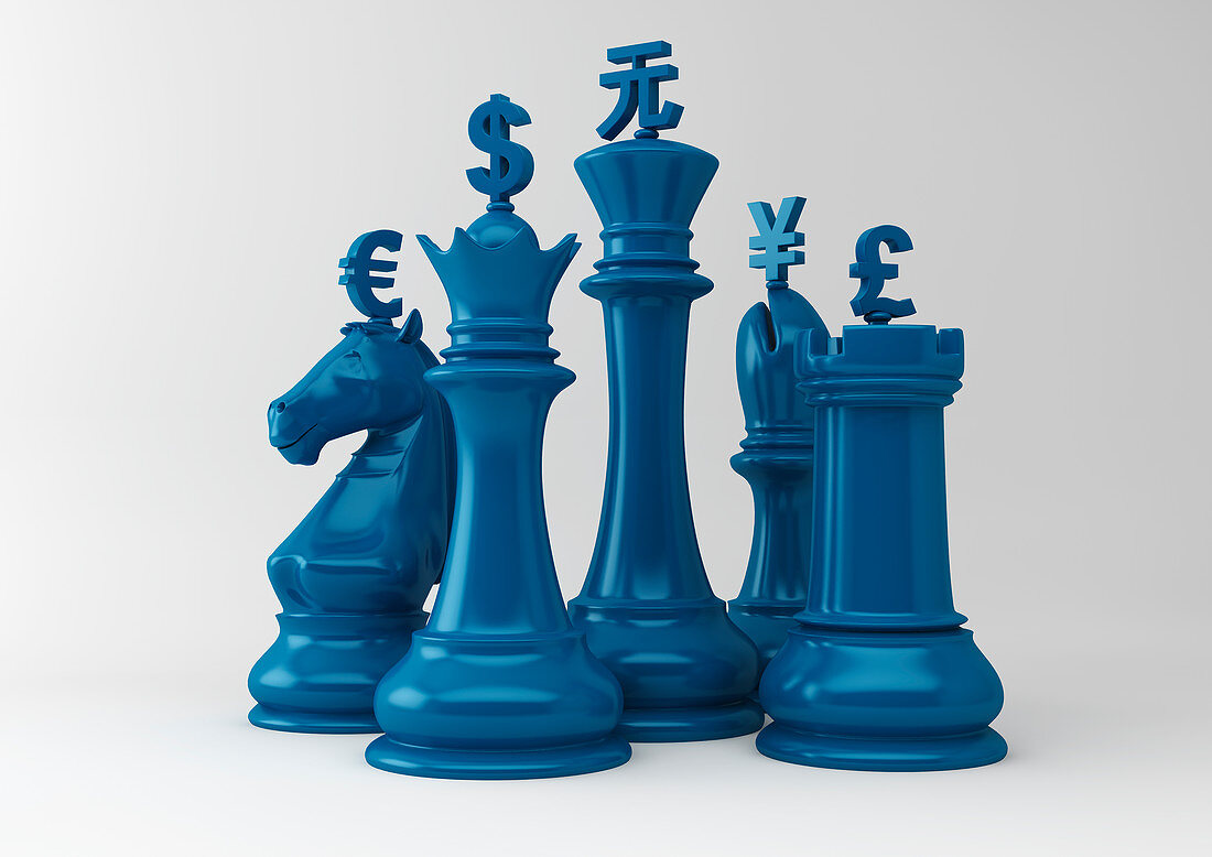 Currency symbols on chess pieces, illustration