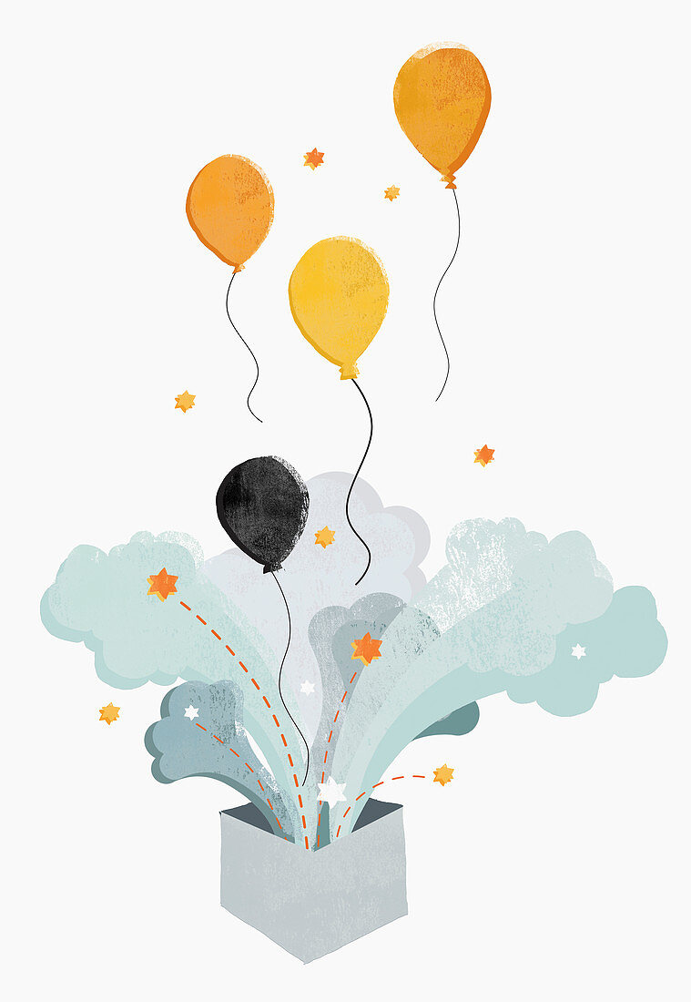 Balloons floating from box, illustration