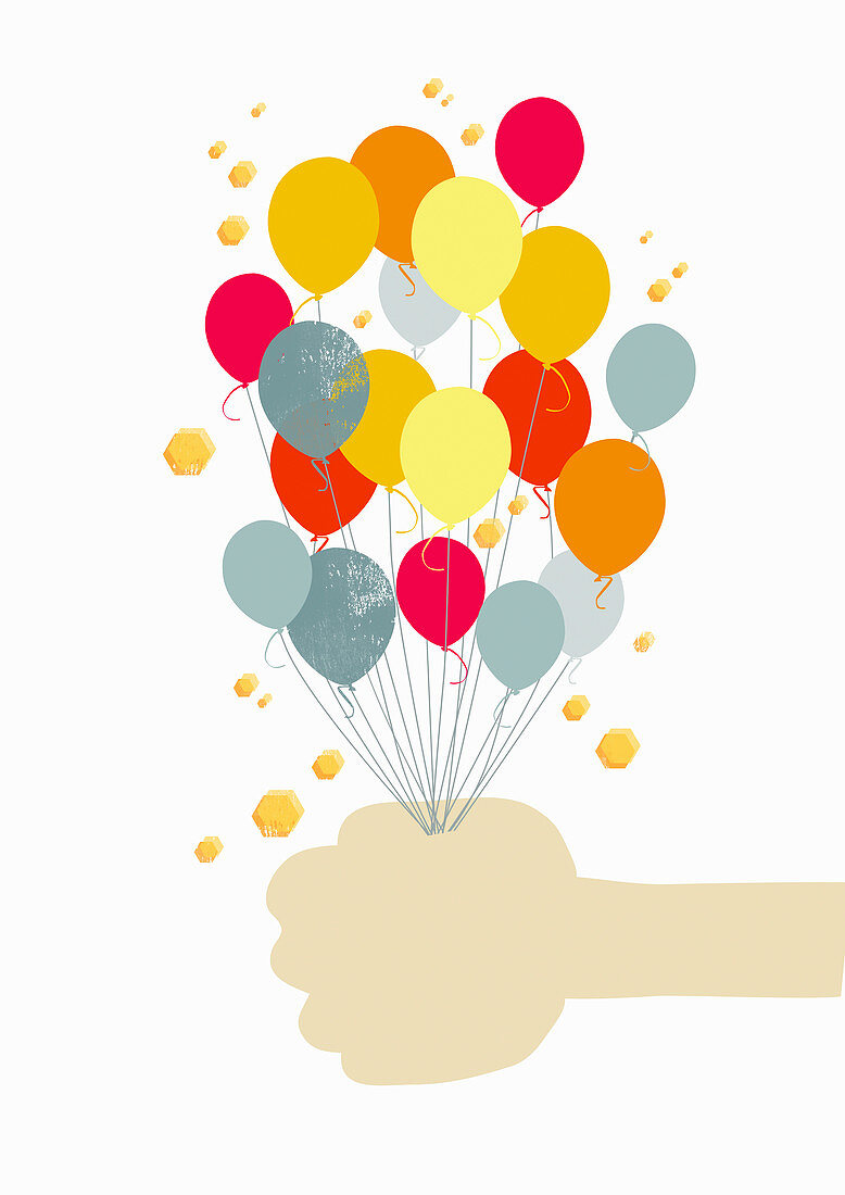 Hand holding bunch of colourful balloons, illustration