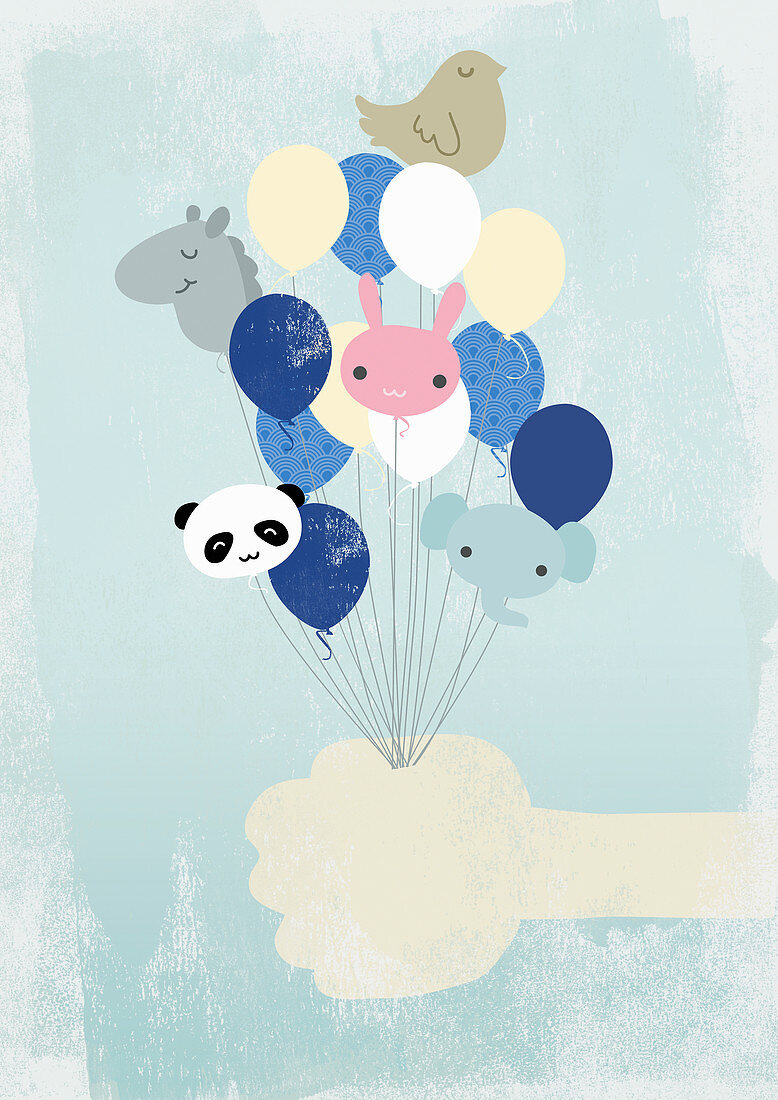 Hand holding animal-shaped helium balloons, illustration
