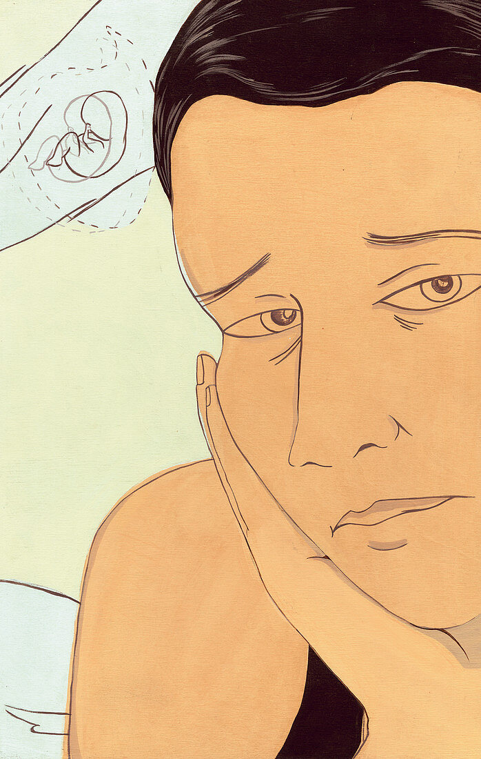 Sad woman thinking of embryo, illustration