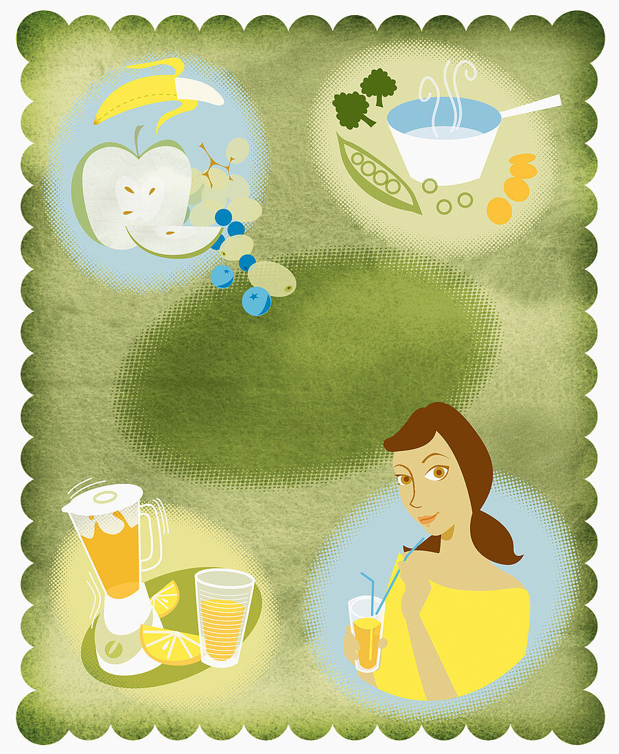 Woman and healthy food and drink, illustration