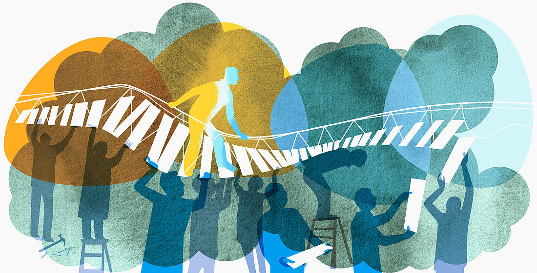 Man walking on bridge, illustration