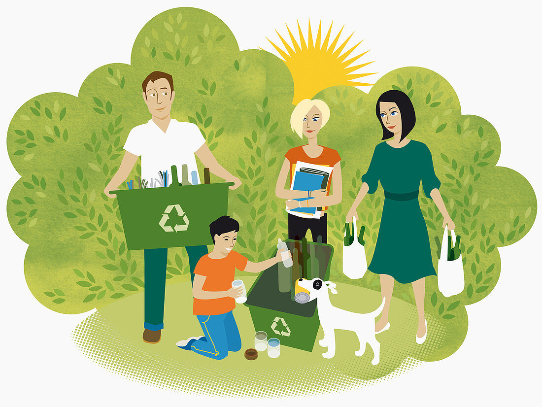 Family recycling, illustration