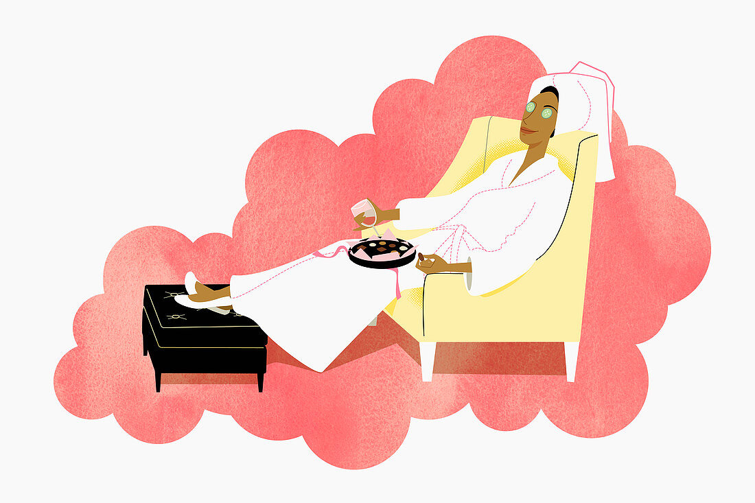 Woman in bathrobe drinking wine, illustration
