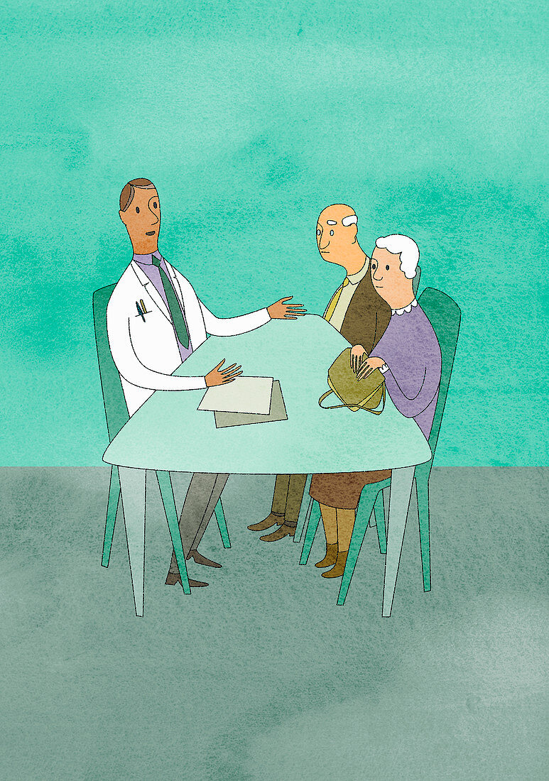 Doctor talking to elderly couple, illustration
