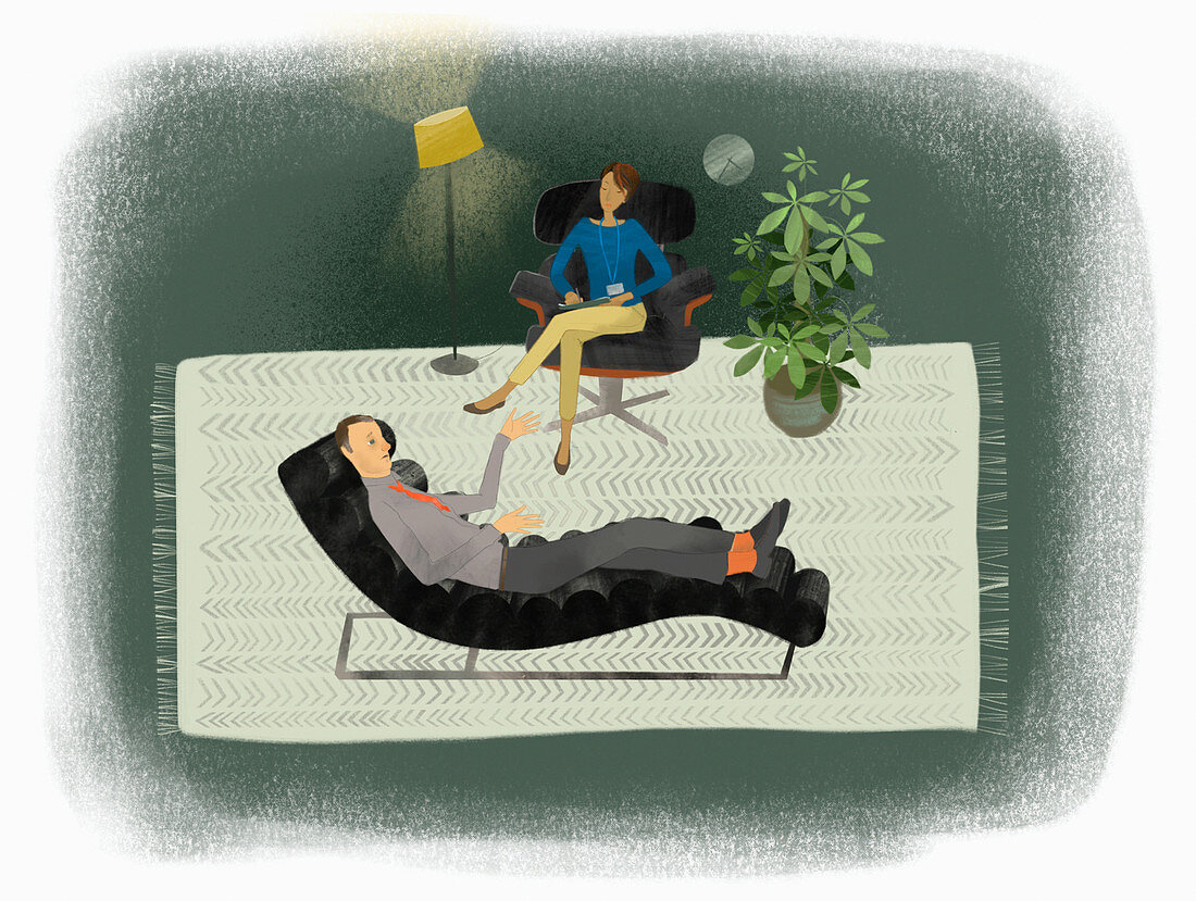 Depressed man talking to therapist, illustration
