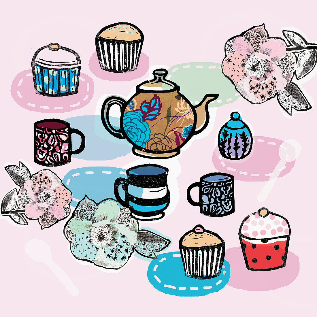 Tea and cupcakes, illustration