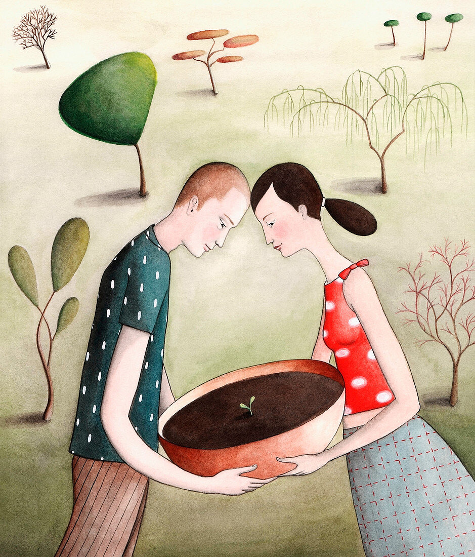 Couple carrying potted seedling outdoors, illustration