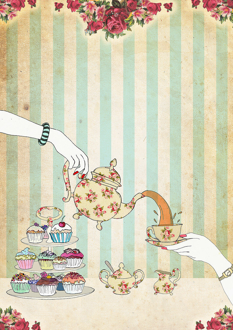 Woman pouring tea above cupcakes, illustration