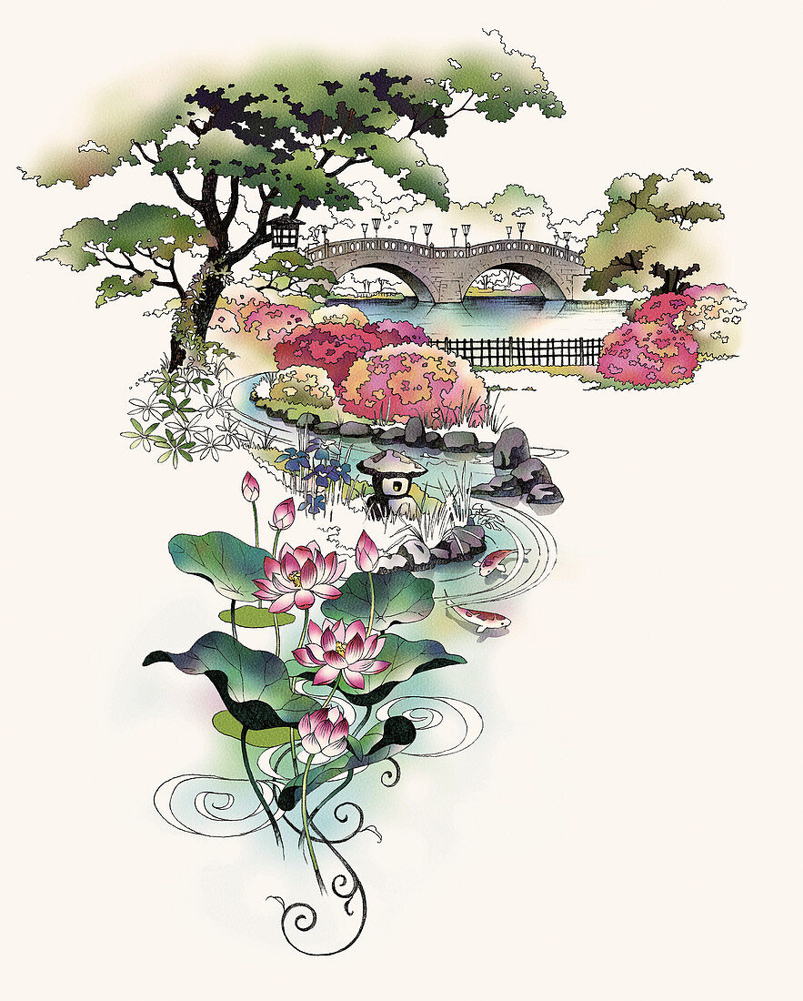 Flowers growing by stream, illustration