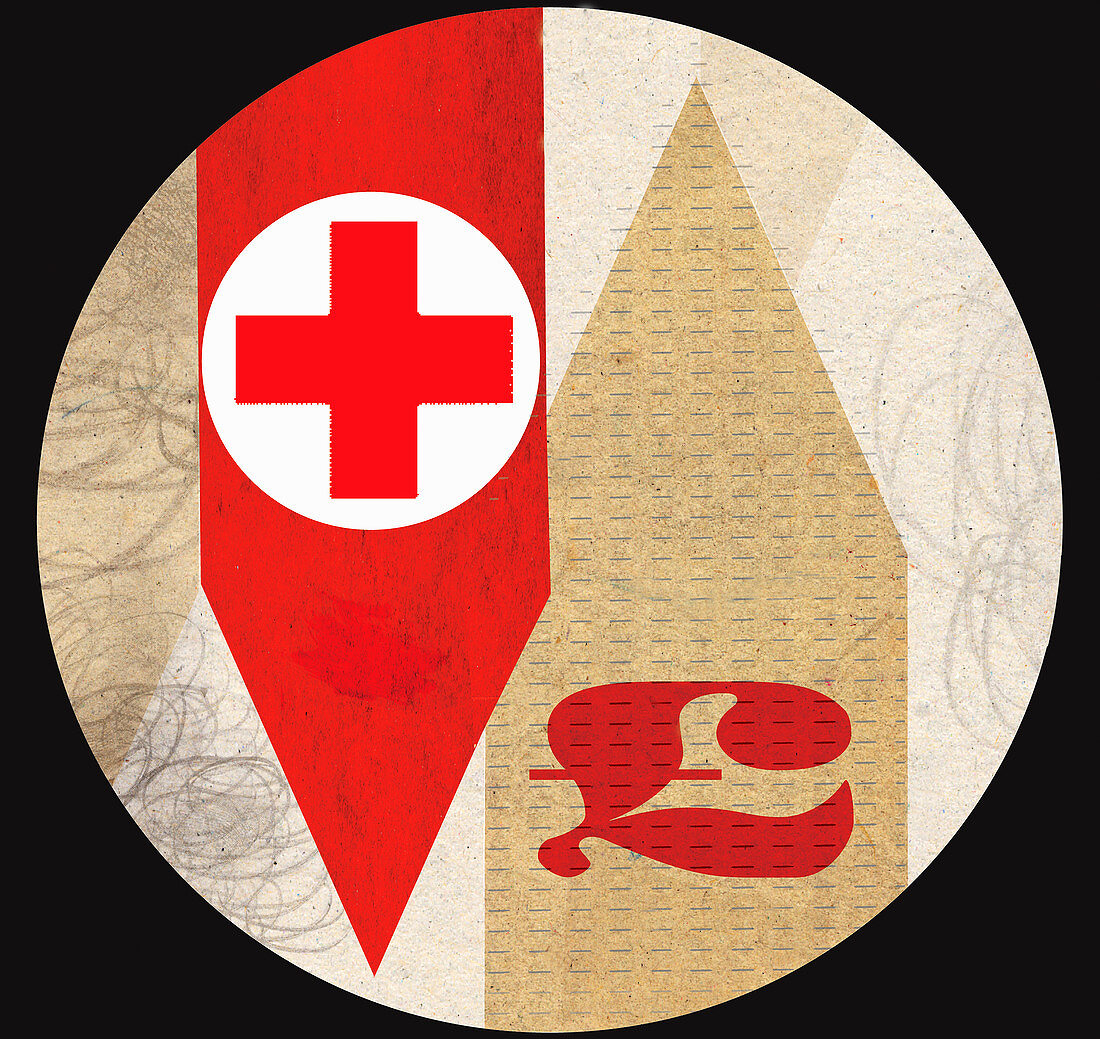 Red cross with British pound symbol on arrows, illustration