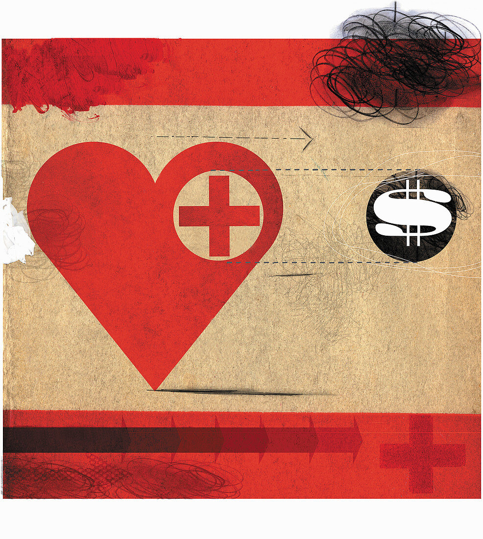 Heart with red cross following dollar sign, illustration