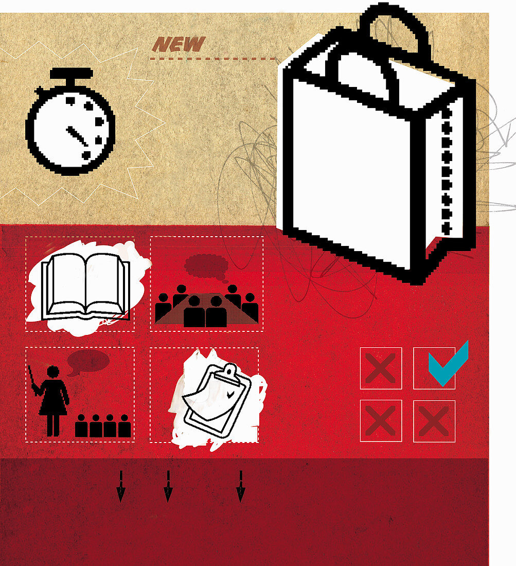 Shopping bag, books and check lists, illustration