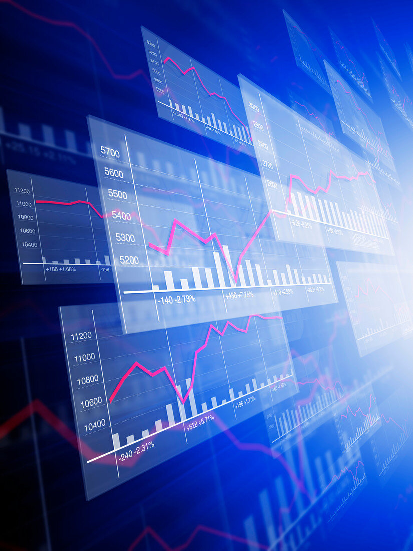 Overlapping illuminated bar charts and graphs, illustration