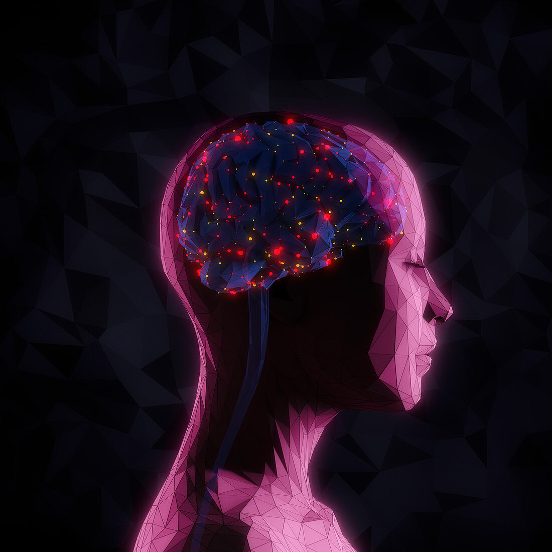 Bright lights inside of woman's head, illustration