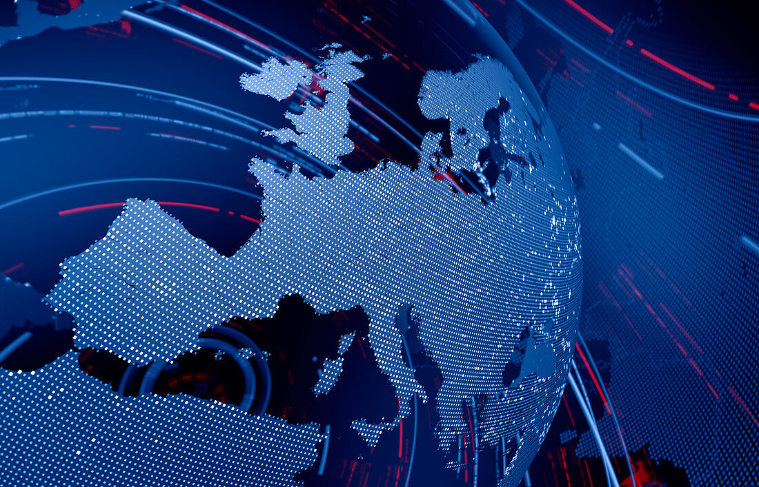 Data swirling around Europe on digital globe, illustration